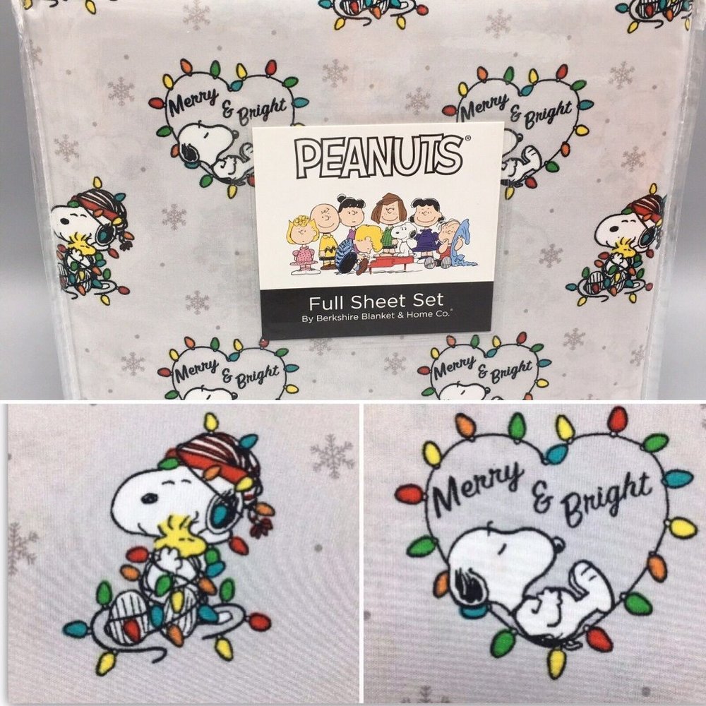 4pc Berkshire Peanuts Christmas Lights Heart FULL Sheet Set Snoopy Woodstock NEW